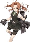 ;) bike_shorts black_gloves black_shorts black_skirt black_vest brown_hair cannon fingerless_gloves gloves green_neckwear green_ribbon hair_ribbon highres kagerou_(kantai_collection) kantai_collection looking_at_viewer machinery one_eye_closed pleated_skirt purple_eyes remodel_(kantai_collection) ribbon rigging school_uniform searchlight shirt short_sleeves shorts shorts_under_skirt simple_background skirt smile smokestack solo torpedo torpedo_launcher turret twintails uni_(uni-strain) vest white_background white_ribbon white_shirt 