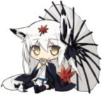  animal_ears bangs blush chibi commentary_request eyebrows_visible_through_hair fox_ears fox_girl fox_tail full_body hair_between_eyes japanese_clothes leaf leaf_on_head looking_at_viewer lowres nagishiro_mito oriental_umbrella original solo tail transparent_background umbrella white_hair yellow_eyes 