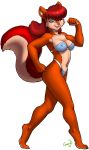 2004 anthro bikini black_nose breasts clothed clothing cropped dr_comet female fur green_eyes hair mammal navel nipple_bulge one_eye_closed orange_fur red_hair rodent simple_background solo squirrel standing swimsuit tongue tongue_out white_background 