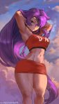  armpits arms_up blue_eyes breasts curvy cutesexyrobutts dark_skin earrings hair_over_one_eye highres jewelry long_hair looking_at_viewer medium_breasts navel pointy_ears ponytail purple_hair shantae_(character) shantae_(series) shorts signature solo thick_thighs thighs very_long_hair 