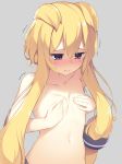  1girl :t azur_lane bangs blonde_hair blush breasts closed_mouth collarbone commentary_request covering covering_breasts eyebrows_visible_through_hair hair_between_eyes hair_ears hair_ornament highres long_hair navel nude olive_(laai) pout purple_eyes sidelocks small_breasts solo tears trembling upper_body very_long_hair warspite_(azur_lane) 