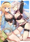  :o absurdres ahoge bag bikini black_bikini blonde_hair blue_eyes blue_hoodie blush braid breasts cleavage commentary_request fate/grand_order fate_(series) hairband highres hood hood_down hoodie itoi_toi jeanne_d'arc_(alter_swimsuit_berserker) jeanne_d'arc_(fate)_(all) jeanne_d'arc_(swimsuit_archer) katana kneeling large_breasts long_braid long_hair looking_at_viewer multiple_girls o-ring o-ring_bikini one_eye_closed open_clothes open_hoodie shrug_(clothing) silver_hair single_braid smile swimsuit sword thigh_strap very_long_hair weapon yellow_eyes 