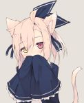  animal_ears bangs blush cat_ears cat_tail covering_mouth grey_background hair_ribbon looking_at_viewer nagishiro_mito original pink_hair red_eyes ribbon simple_background sleeves_past_fingers sleeves_past_wrists solo tail virtual_youtuber yellow_eyes 