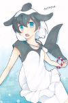  bike_shorts black_hair blowhole blue_eyes bracelet character_name commentary commerson's_dolphin_(kemono_friends) dolphin_tail eyebrows_visible_through_hair frilled_skirt frills isobee jewelry kemono_friends multicolored_hair necklace short_hair shorts shorts_under_skirt skirt sleeveless solo tank_top translated white_hair 
