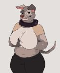  anthro big_breasts breasts canine clothed clothing collar dog fangs female floppy_ears fur jeans mammal pants pit_bull shirt sketch slightly_chubby smile solo spots spotted_fur spotted_nose t-shirt teeth troubledviper wide_hips 