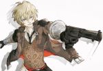  aiming billy_the_kid_(fate/grand_order) blonde_hair blue_eyes bracer commentary drawing_gun fate/grand_order fate_(series) gun handgun jacket male_focus necktie revolver shiraishi_(siraisi00) smile solo weapon white_background 