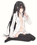  bangs black_hair black_legwear blush eyebrows_visible_through_hair full_body glasses hair_between_eyes long_hair looking_at_viewer nagishiro_mito navel open_clothes open_shirt original red_eyes shirt simple_background sitting smile solo thighhighs virtual_youtuber wariza white_background white_shirt 