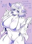  anthro big_breasts bikini breasts canine cleavage clothed clothing digital_media_(artwork) female fluffy japanese_text looking_at_viewer mammal monochrome navel nzuuure shirt simple_background standing sweat swimsuit text translation_request 