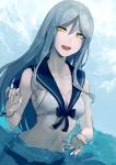  :d blue_sky blush breasts cleavage cloud collarbone commentary_request day eyebrows_visible_through_hair eyes_visible_through_hair grey_hair hair_between_eyes half-closed_eyes hand_up highres kantai_collection long_hair medium_breasts navel open_mouth outdoors pale_skin partially_submerged sailor_bikini sailor_collar shinkaisei-kan sky smile stomach swimsuit ta-class_battleship wading walzrj wet wristband yellow_eyes 
