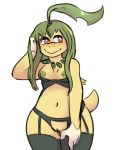  anthro anthrofied bayleef blush breasts clothing female flora_fauna front_view garter_belt garter_straps green_hair green_nipples green_pussy hair hand_on_head leaf legwear lingerie long_hair looking_away mostly_nude navel nintendo nipples pink_eyes plant pok&eacute;mon pok&eacute;mon_(species) pok&eacute;morph portrait pussy rainbowsprinklesart scalie smile solo standing stockings thigh_highs three-quarter_portrait video_games yellow_skin 