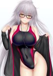  alternate_color anger_vein bespectacled black-framed_eyewear black_jacket black_swimsuit blush breasts collarbone commentary_request competition_swimsuit cosplay covered_navel cowboy_shot fate/grand_order fate_(series) glasses head_tilt highleg highleg_swimsuit highres jacket jeanne_d'arc_(alter_swimsuit_berserker) jeanne_d'arc_(fate)_(all) jeanne_d'arc_(swimsuit_archer) jeanne_d'arc_(swimsuit_archer)_(cosplay) large_breasts long_hair looking_at_viewer masatoki one-piece_swimsuit removing_jacket silver_hair solo swimsuit track_jacket very_long_hair whistle whistle_around_neck yellow_eyes 