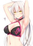  ? ahoge armpits arms_behind_head bangs bikini black_bikini blush breasts choker cleavage collarbone commentary_request eyebrows_visible_through_hair fate/grand_order fate_(series) hair_between_eyes highres jeanne_d'arc_(alter_swimsuit_berserker) jeanne_d'arc_(fate)_(all) large_breasts long_hair looking_at_viewer navel o-ring open_mouth sidelocks skindentation solo stomach sweatdrop swimsuit takeyuu upper_body very_long_hair yellow_eyes 