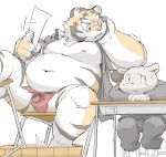  2015 anthro arm_support belly bucket bulge bully chair claws clothed clothing desk digital_media_(artwork) duo feline fully_clothed fundoshi fur japanese_clothing leaning_on_elbow looking_aside looking_at_another male mammal meg_hoi navel nervous nipples overweight overweight_male partially_clothed school_uniform simple_background sitting size_difference striped_fur stripes student sweat sweatdrop teenager tiger underwear uniform white_background young 