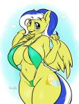  &lt;3 2018 5_fingers anthro arnachy big_breasts bikini blue_background blue_eyes blue_hair blush breasts camel_toe clothed clothing cute cutie_mark equine eyebrows eyelashes fan_character feathered_wings feathers female hair hi_res lemon_frost_(oc) looking_at_viewer mammal mature_female multicolored_hair my_little_pony navel nipple_bulge pegasus portrait pose simple_background sling_bikini smile solo standing swimsuit thick_thighs three-quarter_portrait two_tone_hair voluptuous watermark white_hair wings yellow_feathers 