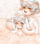  anthro bathing big_breasts breasts canine duo eyes_closed fangs featureless_breasts female female/female fluffy hair inner_ear_fluff long_hair mammal monochrome navel nzuuure open_mouth tongue 