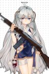  bandaged_leg bandages bangs bare_shoulders blue_dress blue_eyes character_name closed_mouth commentary_request dress fingernails girls_frontline gun hair_between_eyes highres holding holding_gun holding_weapon intravenous_drip long_hair looking_at_viewer luicent object_namesake ribeyrolles_1918 ribeyrolles_1918_(girls_frontline) rifle short_sleeves silver_hair solo standing very_long_hair weapon white_background wrist_cuffs 
