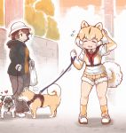  2girls ? animal_ears black_hair blush coat collared_shirt commentary_request dog dog_(kemono_friends) dog_ears dog_tail elbow_gloves eyebrows_visible_through_hair flying_sweatdrops fur_trim gloves hand_in_hair harness hat heart helmet highres hood hood_down kemono_friends leash light_brown_hair long_sleeves mojibake_commentary multicolored_hair multiple_girls necktie original pants partial_commentary pith_helmet pug shiba_inu shirt shoes short_hair short_sleeves shorts sneakers socks spoken_ellipsis sweatdrop t-shirt tail tanaka_kusao white_hair 