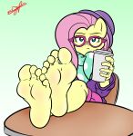  5_toes anthro barefoot beverage clothed clothing coffee equine eyewear feet female fluttershy_(mlp) foot_focus friendship_is_magic glasses gradient_background green_background hipster mammal my_little_pony scarf simple_background solo toes 
