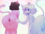  2018 all_fours anthro anus balls black_hair butt cat duo feline hair looking_at_viewer male male/male mammal nude penis short_hair simple_background smile white_background yev-san 