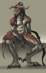  2018 anthro black_hair digital_media_(artwork) dragonoid hair male navel nipples penis red_scales scales shwonky simple_background sitting solo 