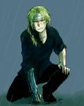  automail bandaged_head bandages black_pants black_shirt blonde_hair boots clenched_hand dirty dirty_face edward_elric fingernails frown full_body fullmetal_alchemist grey_background kneeling long_hair long_sleeves male_focus pants ponytail rain serious shirt simple_background sleeves_rolled_up solo tsukuda0310 yellow_eyes 