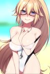  arm_between_breasts bare_shoulders beach bespectacled black-framed_eyewear blonde_hair blue_eyes blush breasts cameltoe commentary_request competition_swimsuit covered_nipples day fate/grand_order fate_(series) glasses heart heart-shaped_pupils highres jeanne_d'arc_(fate)_(all) jeanne_d'arc_(swimsuit_archer) large_breasts long_hair looking_at_viewer ninomae_suzume ocean off_shoulder one-piece_swimsuit ponytail semi-rimless_eyewear solo sweatdrop swimsuit symbol-shaped_pupils under-rim_eyewear very_long_hair whistle whistle_around_neck white_swimsuit 