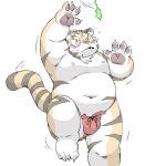  2016 anthro belly blush bulge cat_toy claws clothing digital_media_(artwork) feline fundoshi fur japanese_clothing jumping male mammal meg_hoi navel nipples overweight overweight_male pawpads simple_background solo striped_fur stripes tiger underwear white_background 