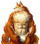  2015 5_fingers abs anthro canine chest_tuft claws clothed clothing fd-caro fundoshi fur japanese_clothing male mammal multicolored_fur muscular muscular_male puzzle_&amp;_dragons set set_(p&amp;d) simple_background solo standing topless tuft two_tone_fur underwear video_games white_background yellow_eyes 