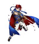  1girl armor blue_armor blue_eyes bunbun cape fire_emblem fire_emblem:_fuuin_no_tsurugi fire_emblem_heroes full_body gloves headband looking_at_viewer male_focus red_hair roy_(fire_emblem) short_hair smile sword torn_clothes transparent_background weapon 