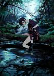  armor black_gloves black_hair brown_eyes commentary_request day forest gloves highres knife log looking_at_viewer male_focus moss mujica nature outdoors river sheath sheathed sitting soaking_feet solo straddling touken_ranbu tree water yagen_toushirou 