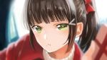  :t absurdres alternate_hairstyle bangs black_hair blunt_bangs blurry blush bow close-up commentary depth_of_field face gift green_eyes hair_bow hair_ornament hairclip highres kawaoka_(tsuchinokome) kurosawa_dia looking_at_viewer love_live! love_live!_sunshine!! mole mole_under_mouth ponytail pout sidelocks solo turtleneck valentine 