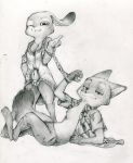  anthro arm_support breasts canine chest_tuft cleavage clothed clothing disney female fox greyscale handcuffed handcuffs hi_res judy_hopps lagomorph lying male mammal monochrome navel nick_wilde on_back one_eye_closed open_shirt pencil_(artwork) rabbit rapel shackles simple_background standing traditional_media_(artwork) tuft white_background wink zootopia 