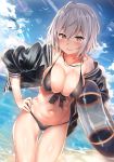  3: ahoge beach bikini bird black_bikini blue_sky blush breasts closed_mouth commentary_request covered_nipples cowboy_shot cross cross_necklace day dutch_angle eyebrows_visible_through_hair fate/grand_order fate_(series) front-tie_bikini front-tie_top hand_on_hip highres innertube jacket jeanne_d'arc_(alter)_(fate) jeanne_d'arc_(fate)_(all) jewelry kawai large_breasts navel necklace off_shoulder open_clothes open_jacket outdoors shiny shiny_skin short_hair silver_hair sky solo sunlight swimsuit yellow_eyes 