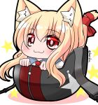  :3 animal_ear_fluff animal_ears bangs blonde_hair blush cat_ears cat_girl cat_tail closed_mouth collared_shirt commentary_request eyebrows_visible_through_hair hair_between_eyes helmet in_container kanijiru long_hair minigirl necktie original red_eyes red_neckwear red_ribbon ribbon shirt solo star tail tail_raised tail_ribbon twitter_username very_long_hair white_background white_shirt 