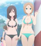  aqua_eyes bikini black_hair brown_hair highres long_hair multiple_girls osonoi_maiko red_eyes screencap short_hair stitched sunoharasou_no_kanrinin-san swimsuit third-party_edit uchifuji_mea 