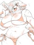  anthro big_breasts bikini breasts canine cleavage clothed clothing digital_media_(artwork) fangs female fluffy hair long_hair mammal menu monochrome navel nzuuure open_mouth simple_background slightly_chubby smile solo swimsuit tongue tongue_out white_background wide_hips 