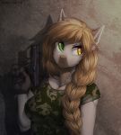  2018 5_fingers anthro braided_hair breasts clothed clothing equine female green_eyes gun hair heterochromia holding_object holding_weapon inner_ear_fluff mammal margony ranged_weapon solo tan_hair weapon yellow_eyes 