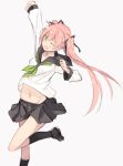  bangs black_legwear black_skirt eyebrows_visible_through_hair highres looking_at_viewer midriff nagishiro_mito one_eye_closed original pink_hair school_uniform serafuku simple_background skirt smile socks twintails virtual_youtuber 