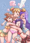  4girls :d =_= ^_^ aono_miki bikini blue_background blush_stickers brown_eyes brown_hair clenched_teeth closed_eyes commentary_request dated eyebrows_visible_through_hair fangs fresh_precure! frilled_bikini frills girl_sandwich group_hug higashi_setsuna highres hug isedaichi_ken long_hair looking_at_another momozono_love multiple_girls navel open_mouth pink_bikini precure purple_eyes purple_hair sandwiched short_hair side_ponytail simple_background sketch smile swimsuit tart_(fresh_precure!) teeth translated twintails twitter_username yamabuki_inori yellow_bikini 