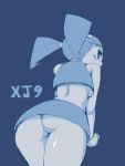  android blue_background blush breasts butt clothed clothing female humanoid jenny_wakeman looking_back machine monochrome my_life_as_a_teenage_robot not_furry pigtails rear_view robot simple_background solo under_boob underwear upskirt yev-san 