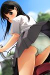  ass bangs bicycle bicycle_basket black_eyes black_hair blue_sky blurry blurry_background blush cloud commentary_request covered_mouth day depth_of_field eyebrows_visible_through_hair green_panties grey_skirt ground_vehicle head_tilt highres long_hair looking_at_viewer looking_back matsunaga_kouyou original outdoors panties pleated_skirt shirt short_sleeves skirt sky solo underwear white_shirt 