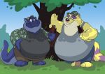  2018 3_toes 4_fingers anthro belly_grab blue_fur clothed clothing dessert drakoknight duo eyewear food front_view fully_clothed fur glasses hat holding_object ice_cream male mammal obese outside overweight raccoondrew raccoondrew_(character) signature standing toes tree yellow_fur 