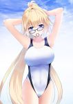  adjusting_hair arms_behind_head blue_eyes breasts collarbone commentary competition_swimsuit covered_navel crooked_eyewear fate/grand_order fate_(series) glasses head_tilt highres huge_breasts jeanne_d'arc_(fate)_(all) jeanne_d'arc_(swimsuit_archer) long_hair mari_(doraerin0) mouth_hold one-piece_swimsuit ponytail solo swimsuit very_long_hair white_swimsuit 