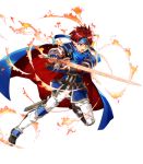  armor blue_armor blue_eyes bunbun cape fire_emblem fire_emblem:_fuuin_no_tsurugi fire_emblem_heroes full_body gloves headband looking_at_viewer male_focus red_hair roy_(fire_emblem) short_hair smile solo sword transparent_background weapon 