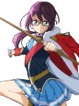  black-framed_eyewear bow capelet glasses green_eyes highres hoshimi_junna jacket looking_at_viewer pleated_skirt purple_hair senguyen1011 shoujo_kageki_revue_starlight single_stripe skirt 