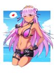  ;) absurdres bangs bare_shoulders bb_(fate)_(all) bb_(swimsuit_mooncancer)_(fate) bikini black_gloves black_shorts blue_sky blush breasts cleavage closed_mouth cloud cloudy_sky covered_nipples cropped_legs day eyebrows_visible_through_hair fate/grand_order fate_(series) fingerless_gloves gloves groin gyaru hair_between_eyes hair_ornament hair_ribbon hand_on_hip heart highres horizon large_breasts long_hair looking_at_viewer md5_mismatch meng_ge_3_(565571710) navel ocean one_eye_closed open_clothes open_fly open_shorts purple_bikini purple_eyes purple_hair purple_ribbon ribbon short_shorts shorts sky smile solo spoken_heart star star_hair_ornament swimsuit tan very_long_hair water 