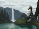  anthro axe breasts canine dipstick_tail female forest fox foxovh mammal melee_weapon mountain multicolored_tail navel nipples nude outside reclining river sky solo tree waterfall weapon 