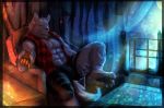  &lt;3 abs anthro barefoot biceps big_muscles black_nose bulge canine chair chest_tuft claws clothed clothing digital_media_(artwork) fd-caro fur green_eyes kemono male mammal muscular muscular_male one_eye_closed open_shirt pecs shirt shorts sitting solo toe_claws tuft white_fur wink wolf 