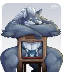  2018 anthro biceps big_muscles canine chair clothed clothing digital_media_(artwork) fur hi_res male mammal multicolored_fur muscular muscular_male naruever sitting solo topless two_tone_fur underwear wolf zack_(naruever) 