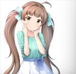  ahoge basa_rutan blue_skirt blush bow brown_eyes brown_hair closed_mouth collarbone gradient gradient_background green_bow green_shirt grey_background hair_bow hakozaki_serika hands_on_own_face hands_up highres idolmaster idolmaster_million_live! idolmaster_million_live!_theater_days long_hair pleated_skirt polka_dot_skirt shirt short_sleeves sidelocks signature skirt smile solo twintails very_long_hair white_background 